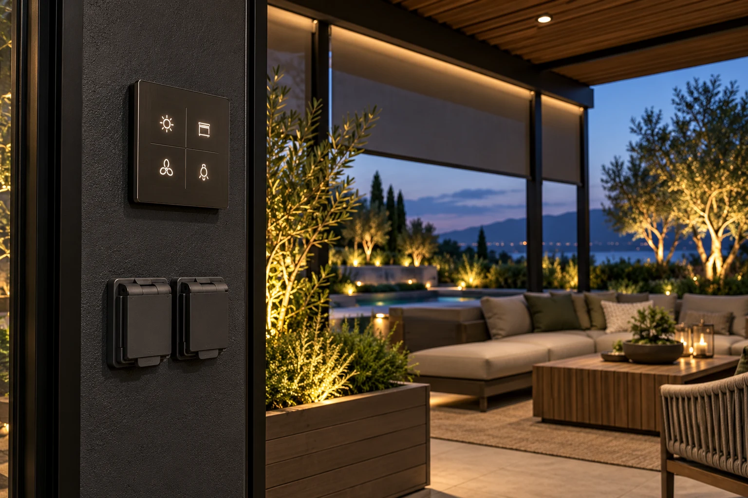 Design concept of outdoor smart controls and covered connection ports beside a shaded lounge